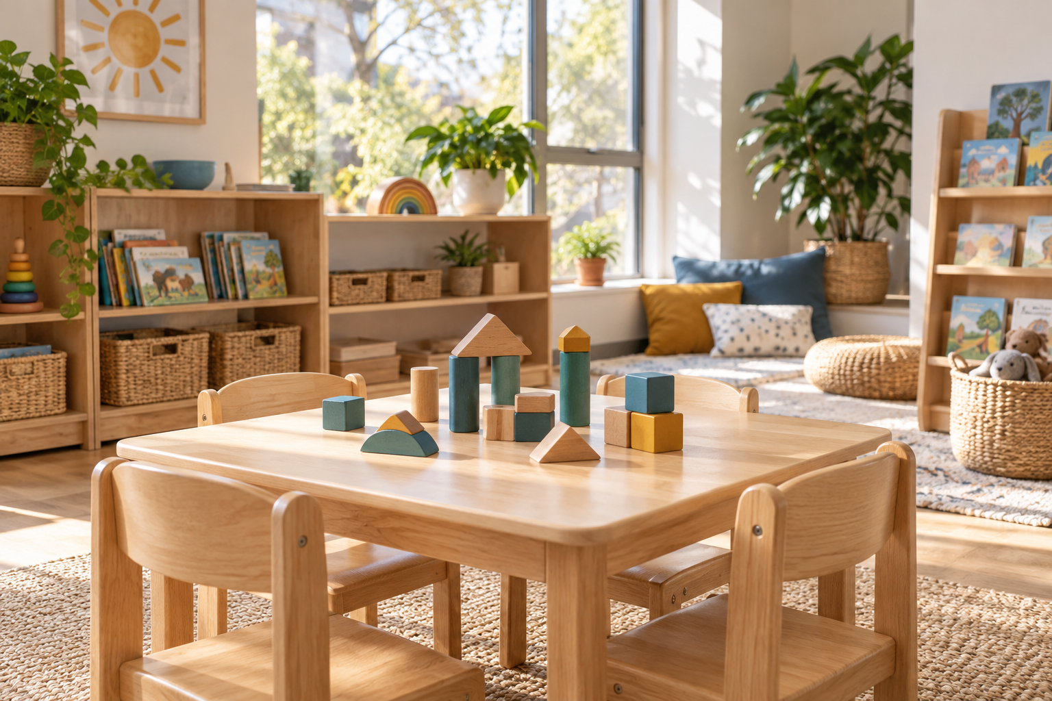 A sunlit early-learning room with wooden blocks, child-sized furniture, and shelves of books and materials.